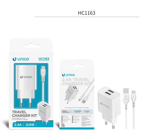 CARICATORE UNICO DA RETE BIANCO 2 PRESE USB-A 2.4A CON CAVO USB-A A TYPE-C 100CM