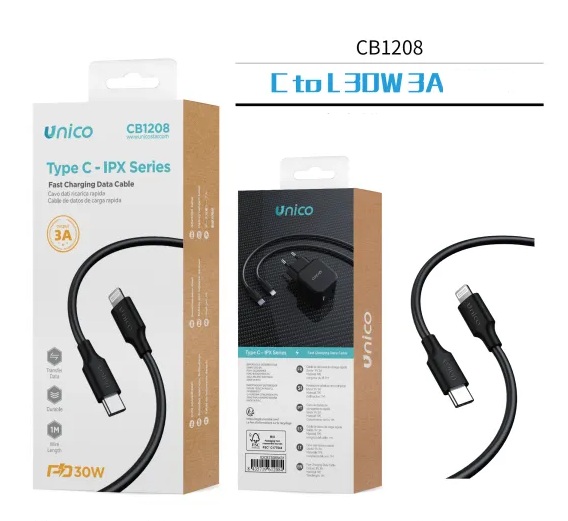 CAVO UNICO NERO DA TYPE-C A LIGHTING CARICA SMART RAPIDA 3A 100CM 