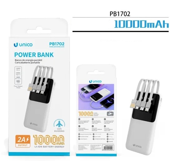 CARICATORE POWER BANK UNICO BIANCO DA 10000 MAh 10W CON CAVI INTEGRATI E DISPLAY DIGITALE 