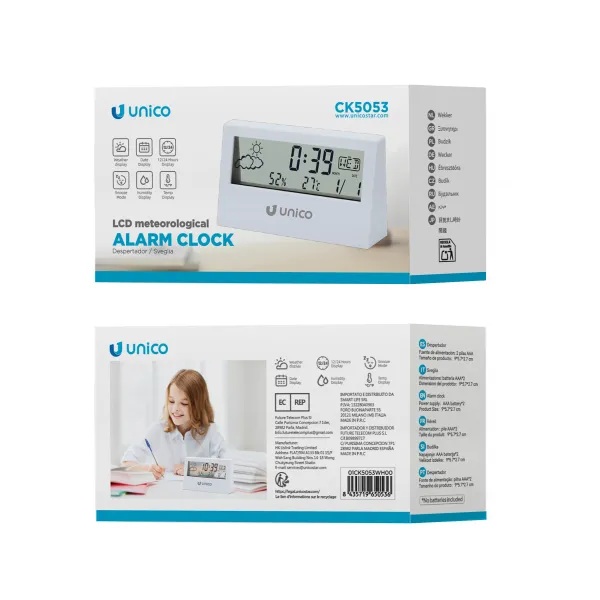 SVEGLIA DIGITALE UNICO CON STAZIONE METEO E DATARIO CON ALIMENTAZIONE CAVO USB-A O 3 AAA MINISTILO COLORE BIANCO 