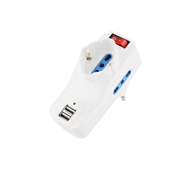 ADATTATORE CIVILE FAI MULTIPLO 250V INTERRUTTORE + SPINA GIREVOLE 2P+T 16A + 2  PRESE USB