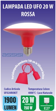 LAMPADA LED TIPO UFO 20W 4000K ROSSO  C/PENDEL SILICONE INCL. MED