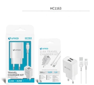 CARICATORE UNICO DA RETE BIANCO 2 PRESE USB-A 2.4A CON CAVO USB-A A TYPE-C 100CM